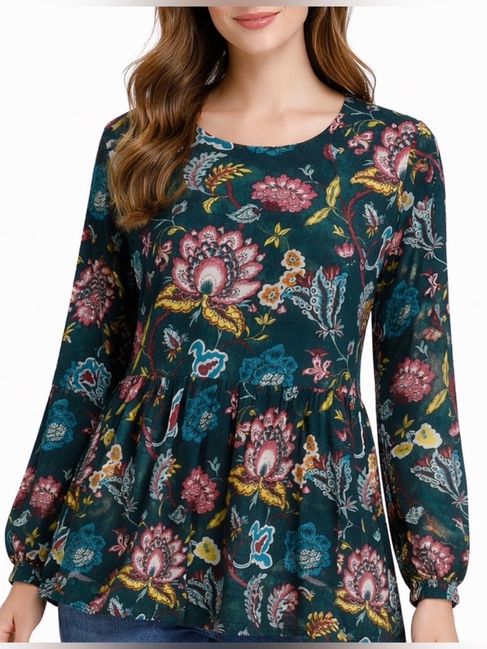 Loft Women's Teal Floral Peplum Long Sleeve Blouse size M